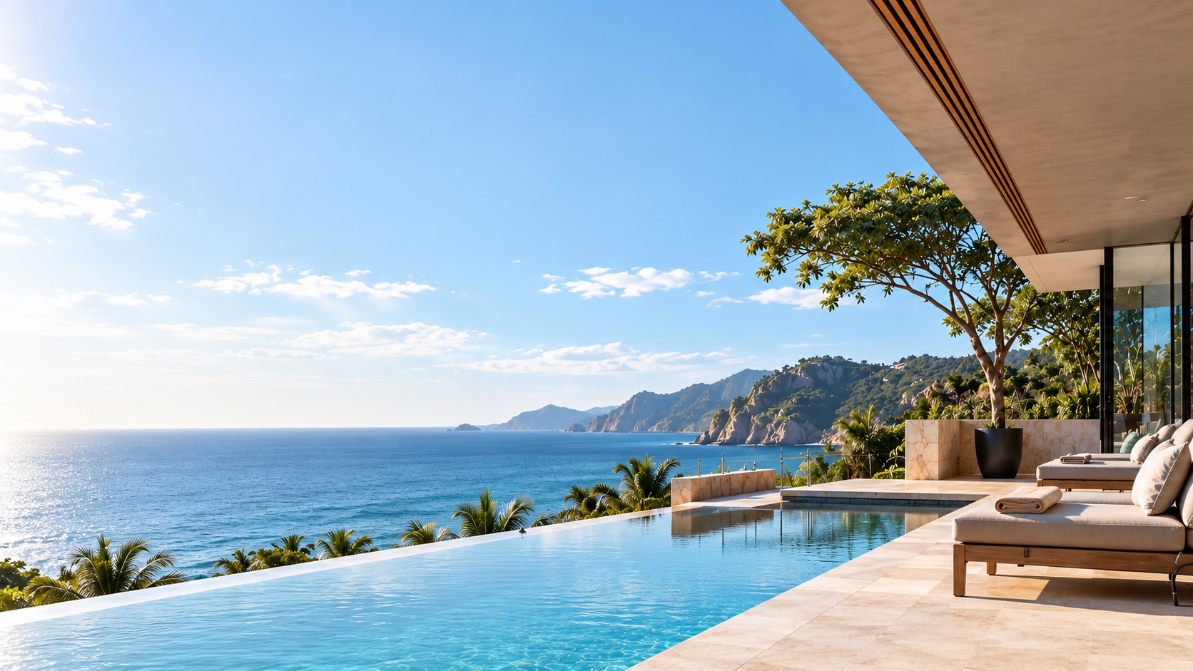 Villa with infinity pool and coastal view on a sunny day