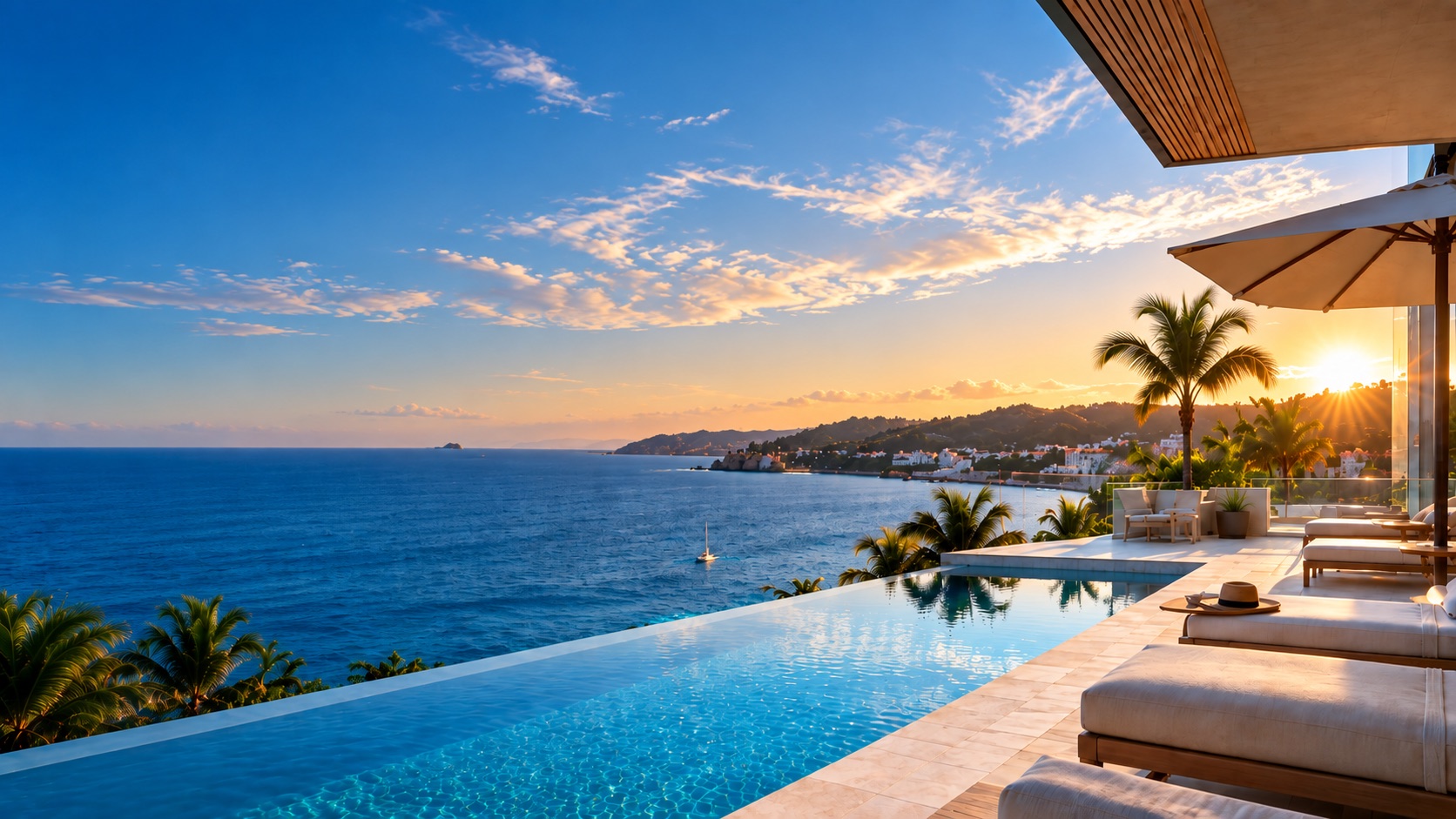 Infinity pool at sunset overlooking the sea, with sun loungers and palm trees