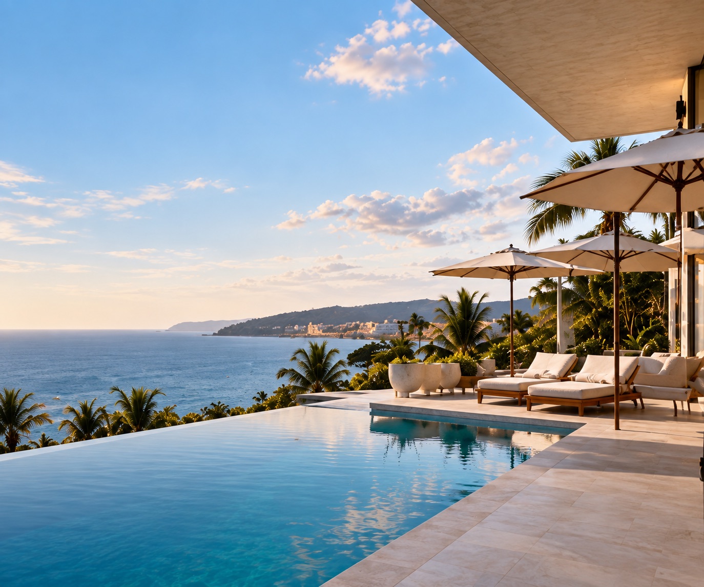 Terrace with sun loungers and an infinity pool facing the sea