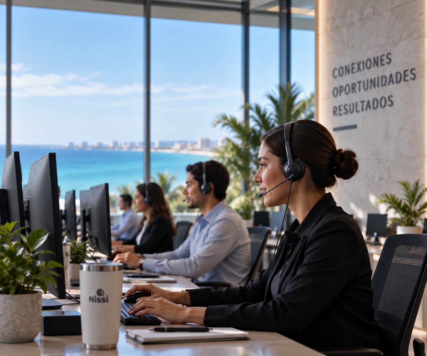 Call center agents with headsets working at their monitors with an ocean view