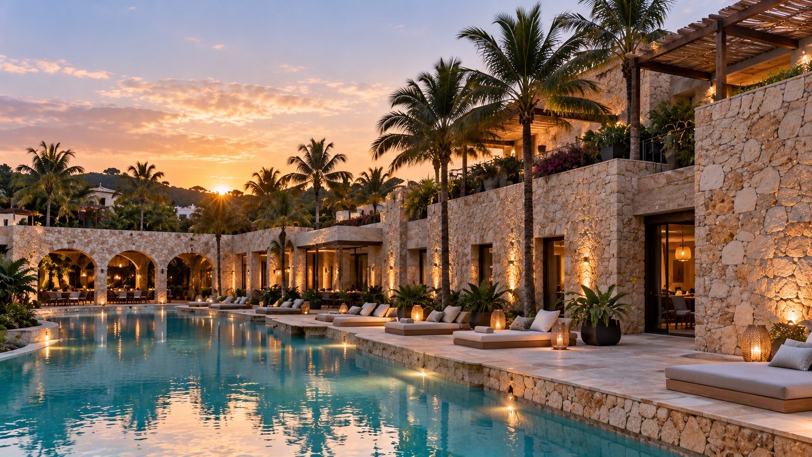 Stone resort with arches and an illuminated pool at sunset