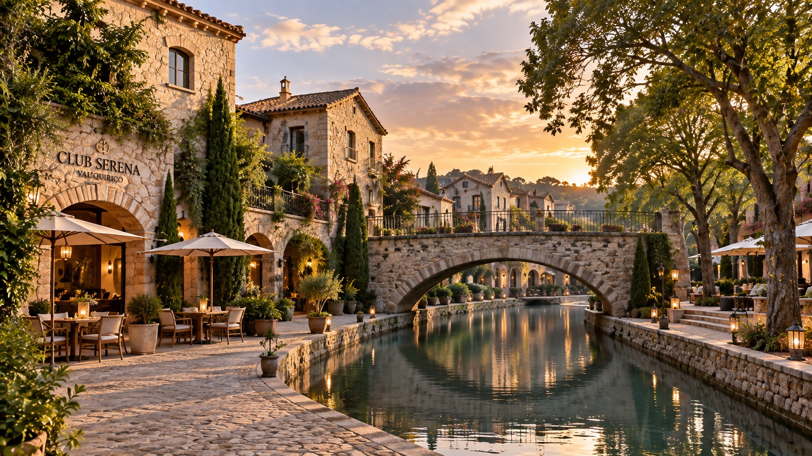 Tuscan-style stone village with a canal and bridge at sunset in Val'Quirico