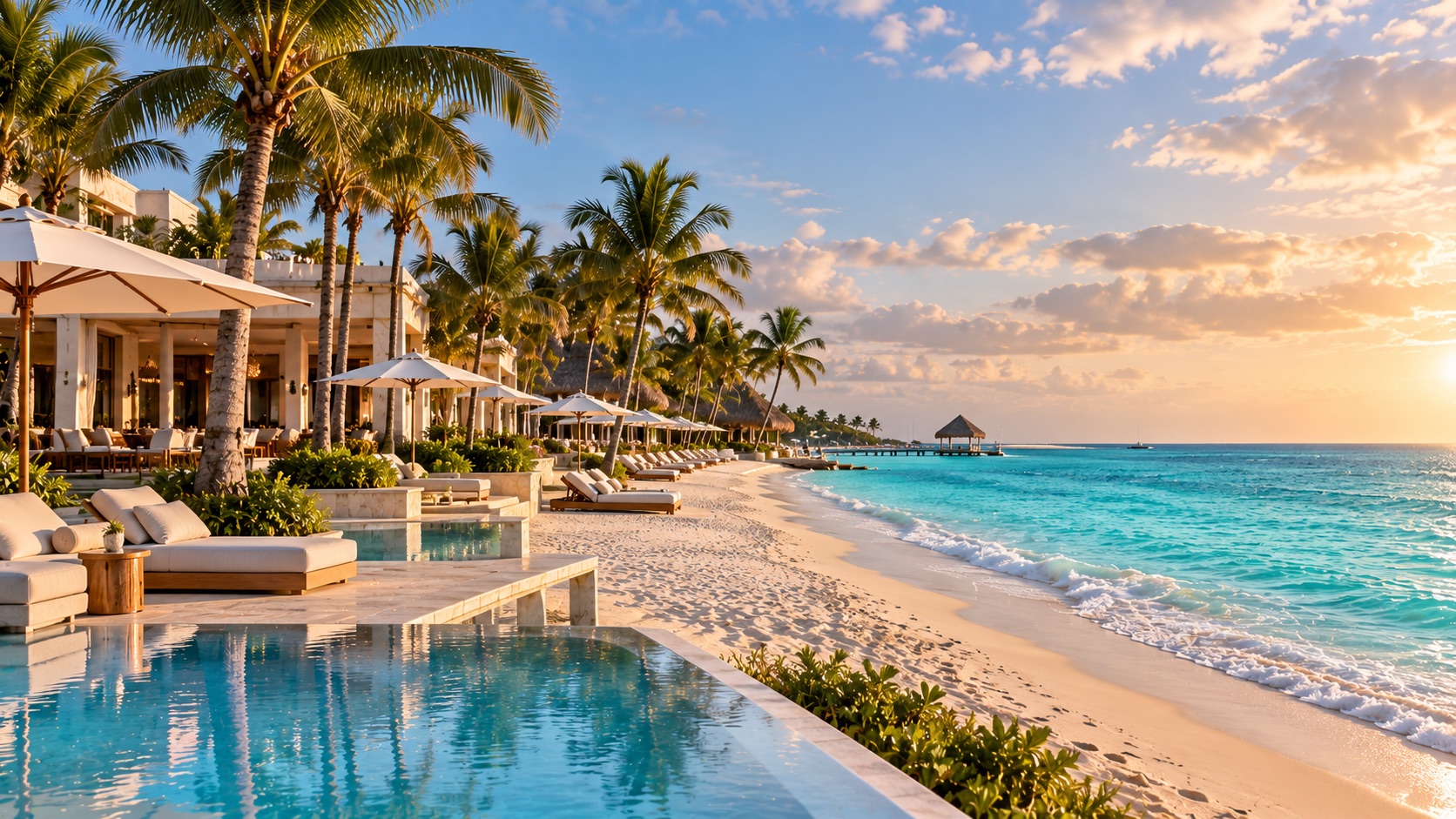 White-sand beach with palm trees and a pool facing the Caribbean sea