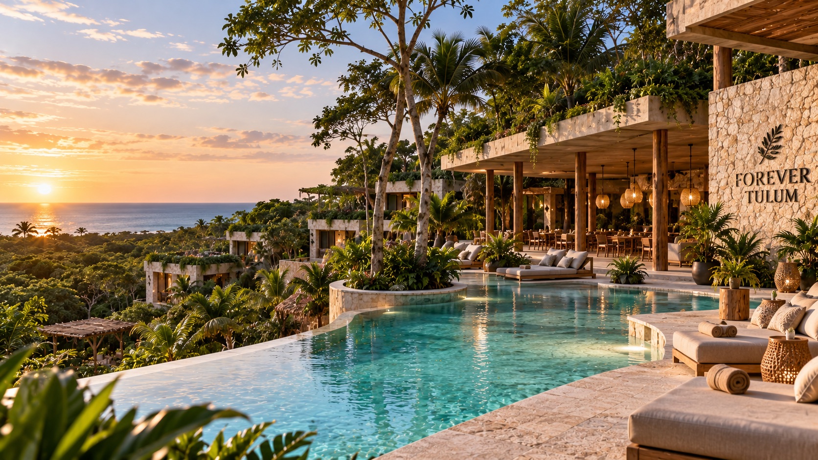 Pool surrounded by jungle at sunset at Forever Tulum