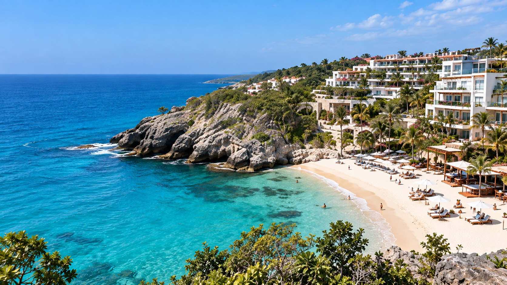 Clifftop resort with a white-sand beach and turquoise sea